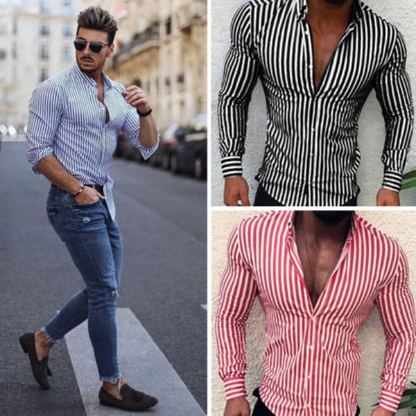 2019 Fashion Men Stripe Long Sleeve European Standard Slim Fit Formal Tops Spring Three Colors Men Shirt