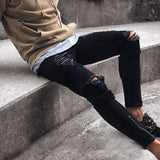 Men's Skinny Fit Destroyed Cotton Denim Jeans Knee Open Ripped Denim Jeans Breeches Long Pants  Belt Pants Solid Color Trousers