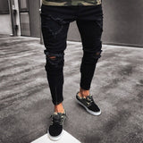 Men's Skinny Fit Destroyed Cotton Denim Jeans Knee Open Ripped Denim Jeans Breeches Long Pants  Belt Pants Solid Color Trousers