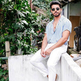 Hot Men Holiday Short Sleeve Shirt Tops Hawaiian Beach Summer Striped Button Turn-down Collar Casual Shirt