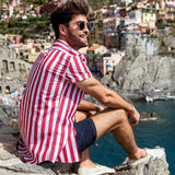 Hot Men Holiday Short Sleeve Shirt Tops Hawaiian Beach Summer Striped Button Turn-down Collar Casual Shirt