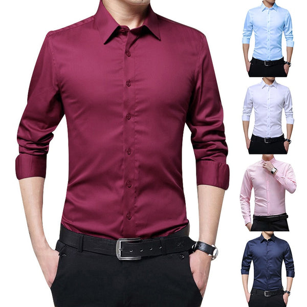 New Men Long Sleeve Shirts Slim Fit Solid Business Formal Shirts for Autumn VN 68