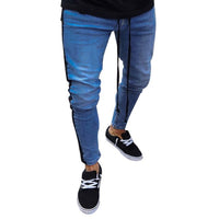 Men's Skinny Fit Destroyed Cotton Denim Jeans Knee Open Ripped Denim Jeans Breeches Long Pants  Belt Pants Solid Color Trousers