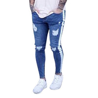 Men's Skinny Fit Destroyed Cotton Denim Jeans Knee Open Ripped Denim Jeans Breeches Long Pants  Belt Pants Solid Color Trousers