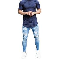 Men's Skinny Fit Destroyed Cotton Denim Jeans Knee Open Ripped Denim Jeans Breeches Long Pants  Belt Pants Solid Color Trousers