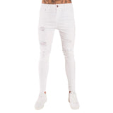 Men's Skinny Fit Destroyed Cotton Denim Jeans Knee Open Ripped Denim Jeans Breeches Long Pants  Belt Pants Solid Color Trousers