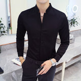 Fall Winter Stand Collar Mens Long-sleeved Dress Shirts Black Red White Slim Elegant Youth Male Business Wedding Formal Shirt