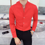 Fall Winter Stand Collar Mens Long-sleeved Dress Shirts Black Red White Slim Elegant Youth Male Business Wedding Formal Shirt