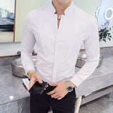 Fall Winter Stand Collar Mens Long-sleeved Dress Shirts Black Red White Slim Elegant Youth Male Business Wedding Formal Shirt