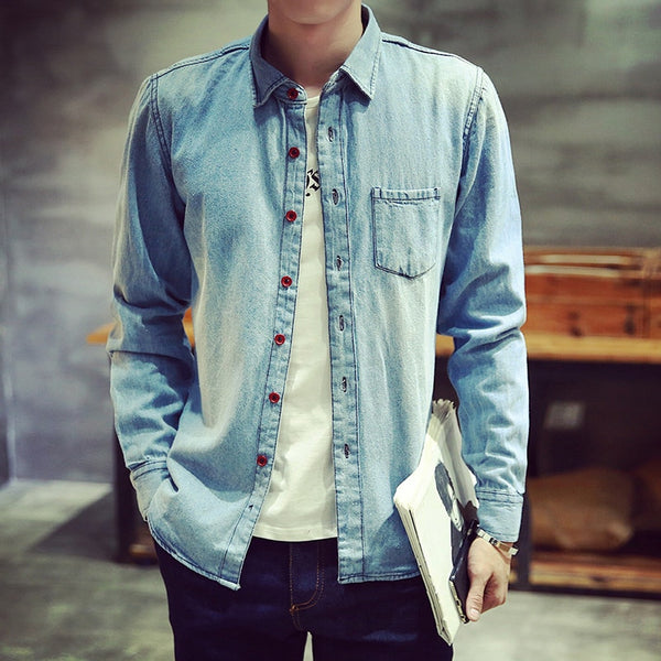 Men Shirts Long Sleeve New Spring Autumn Men Light Blue Denim Shirts Good Quality Cotton Jean Dress Shirts Solid Denim Shirts